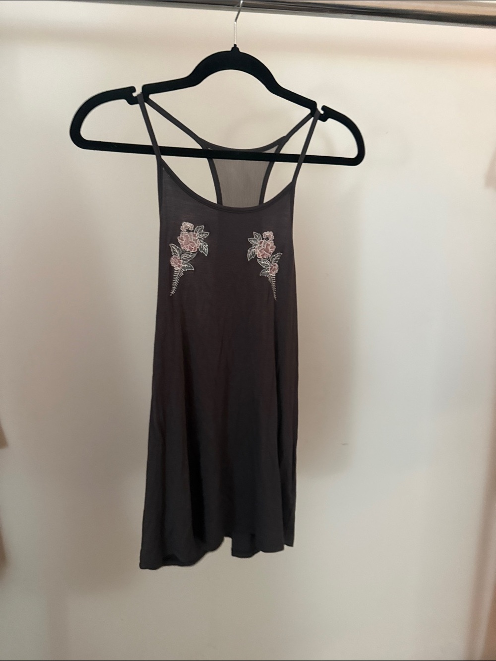 P.J. Salvage Brown Racerback Cami with Pink Floral Embroidery